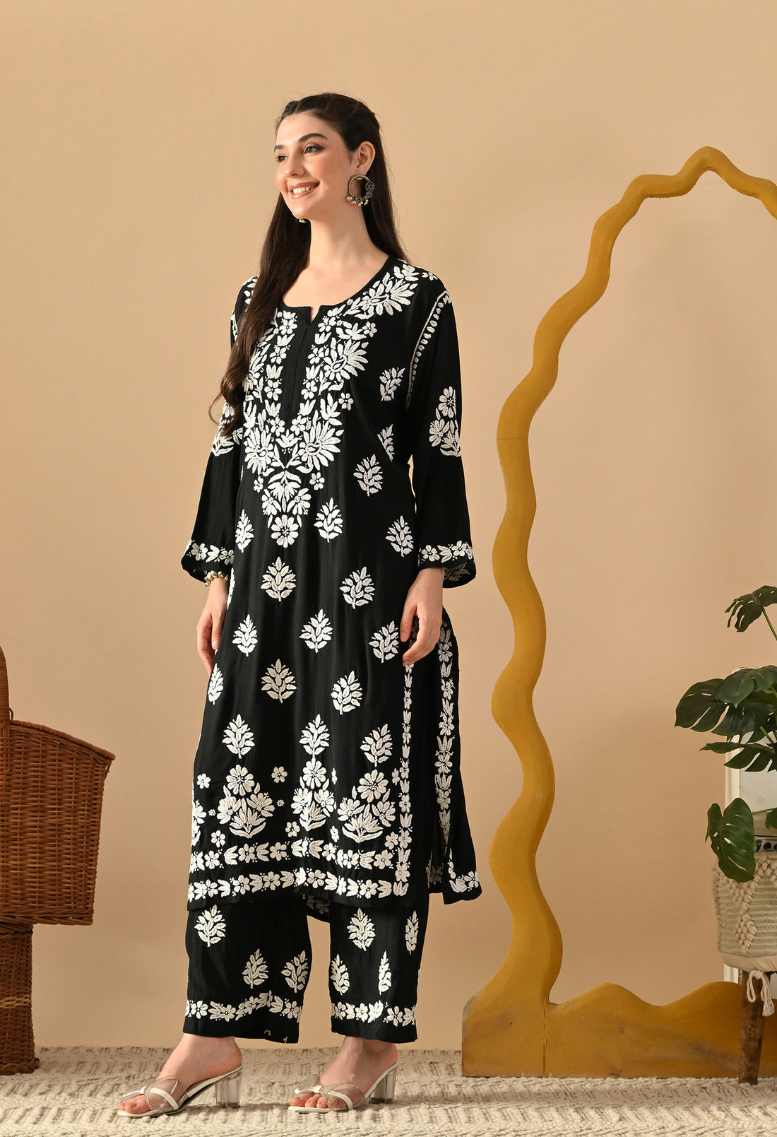 Hand Embroidered Chikankari Rayon Plazo Set 3d Work- Black