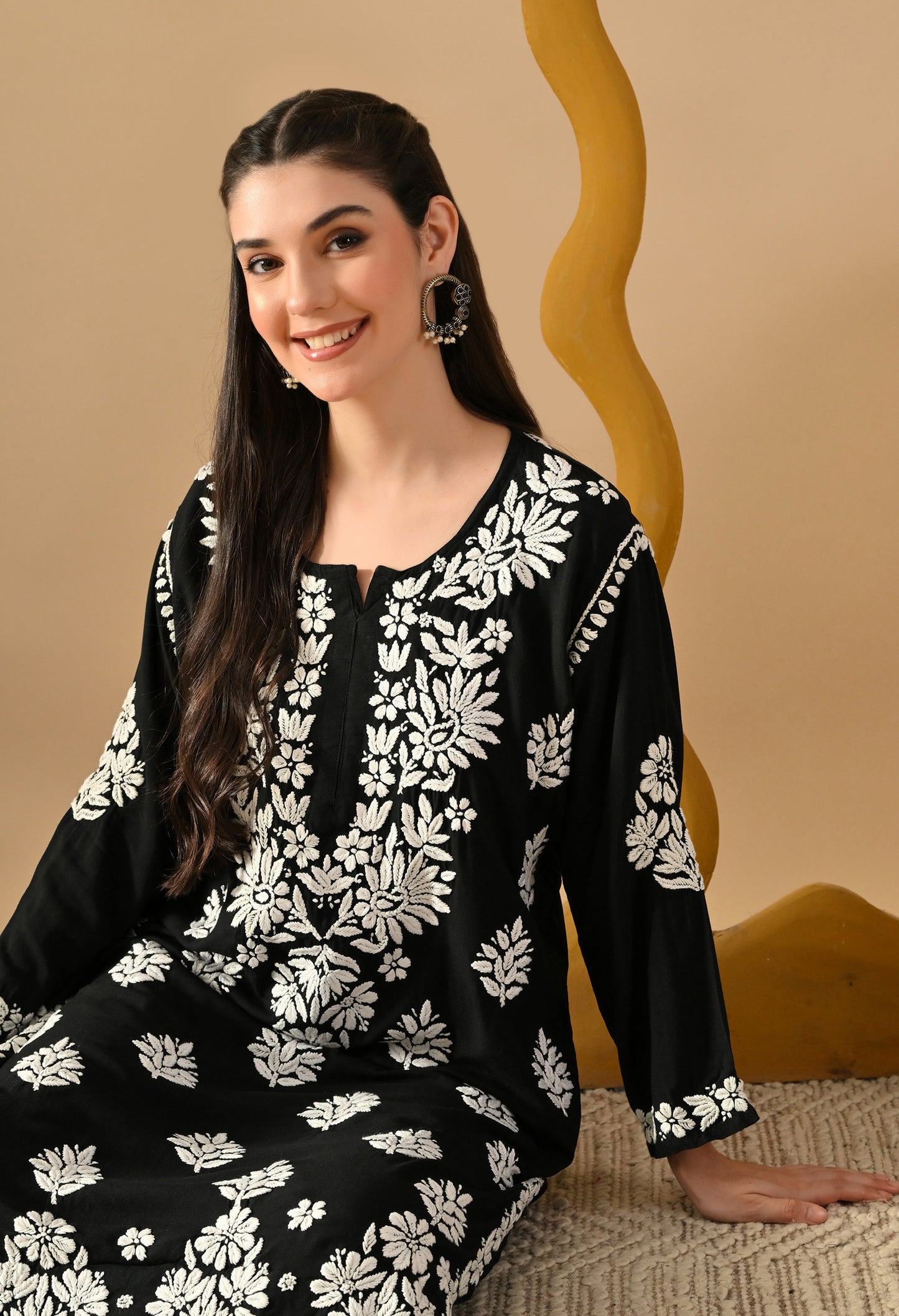 Hand Embroidered Chikankari Rayon Plazo Set 3d Work- Black