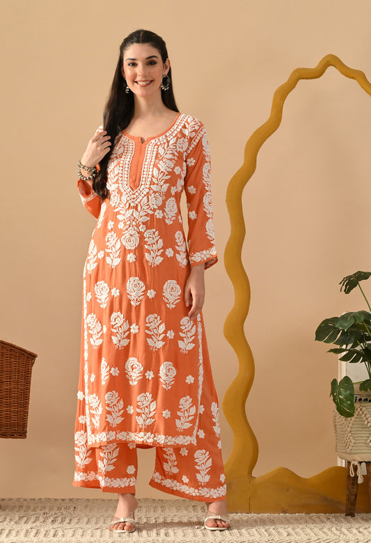 Hand Embroidered Chikankari Slub Rayon Plazo Set 3d Work-Peach