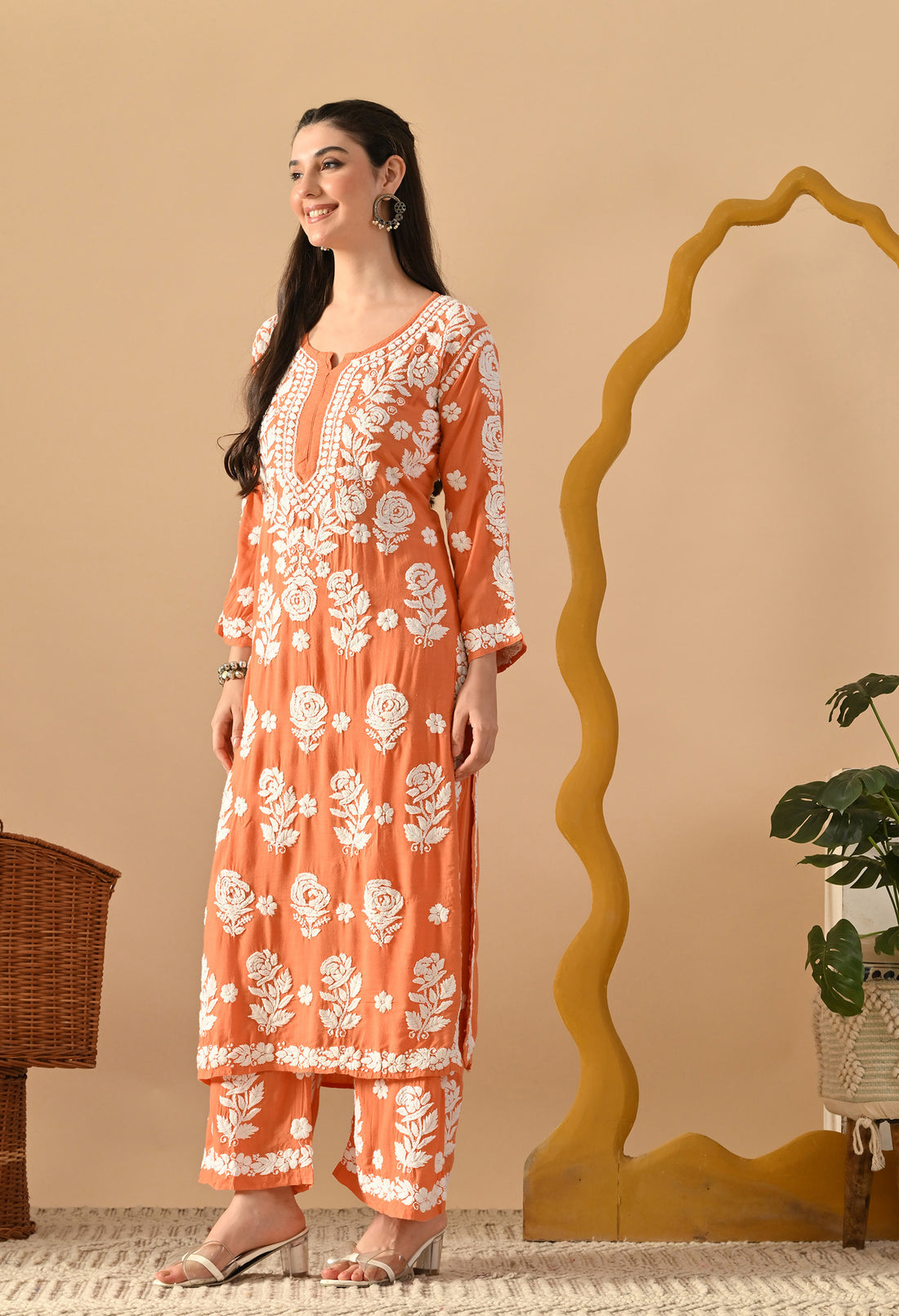 Hand Embroidered Chikankari Slub Rayon Plazo Set 3d Work-Peach