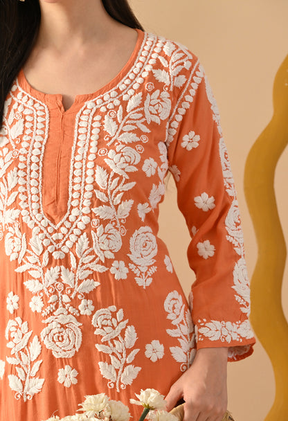 Hand Embroidered Chikankari Slub Rayon Plazo Set 3d Work-Peach