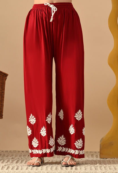 Hand Embroidered Chikankari Rayon Plazo Set 3d Work- Maroon