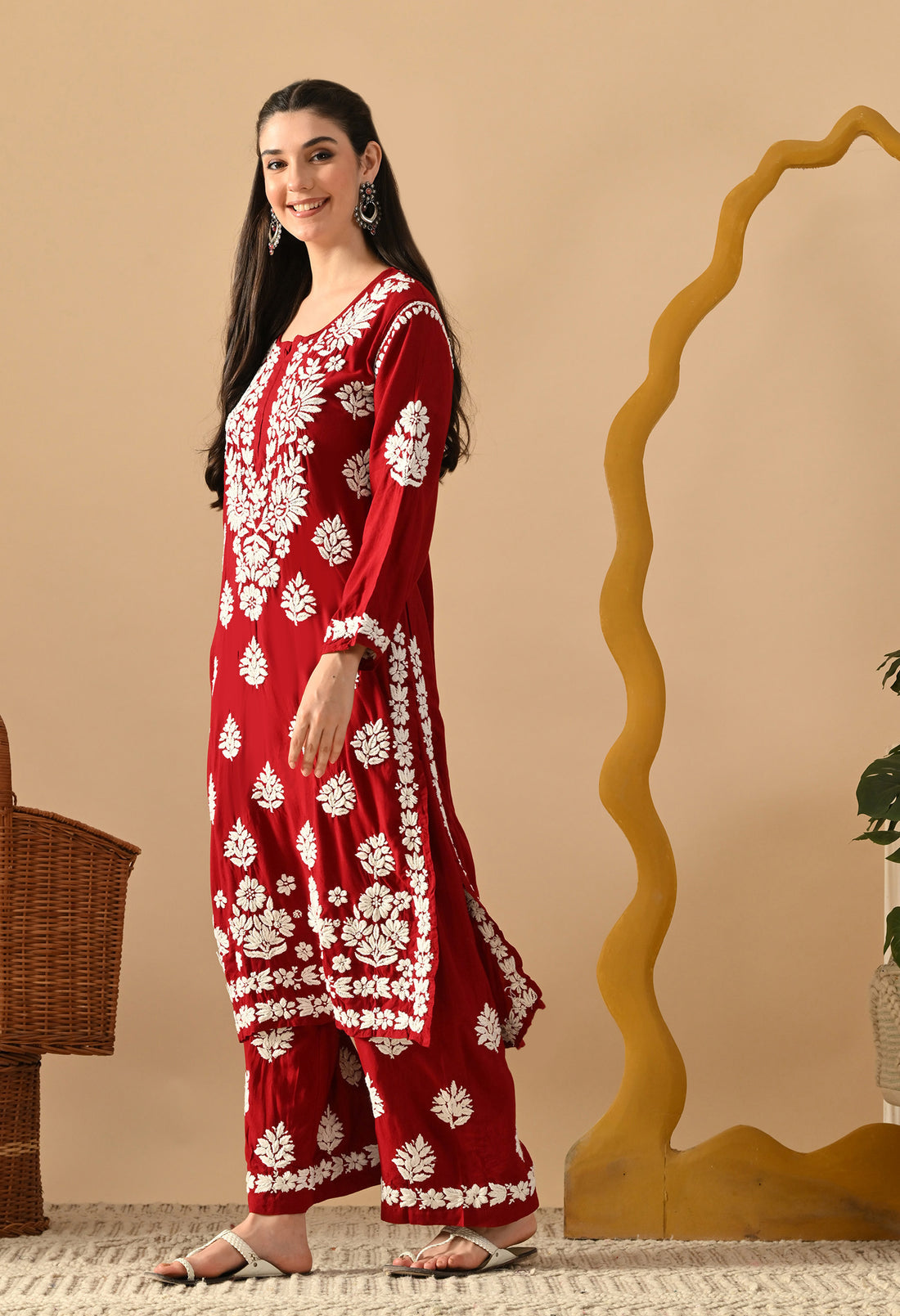 Hand Embroidered Chikankari Rayon Plazo Set 3d Work- Maroon