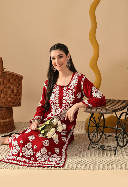 Hand Embroidered Chikankari Rayon Plazo Set 3d Work- Maroon