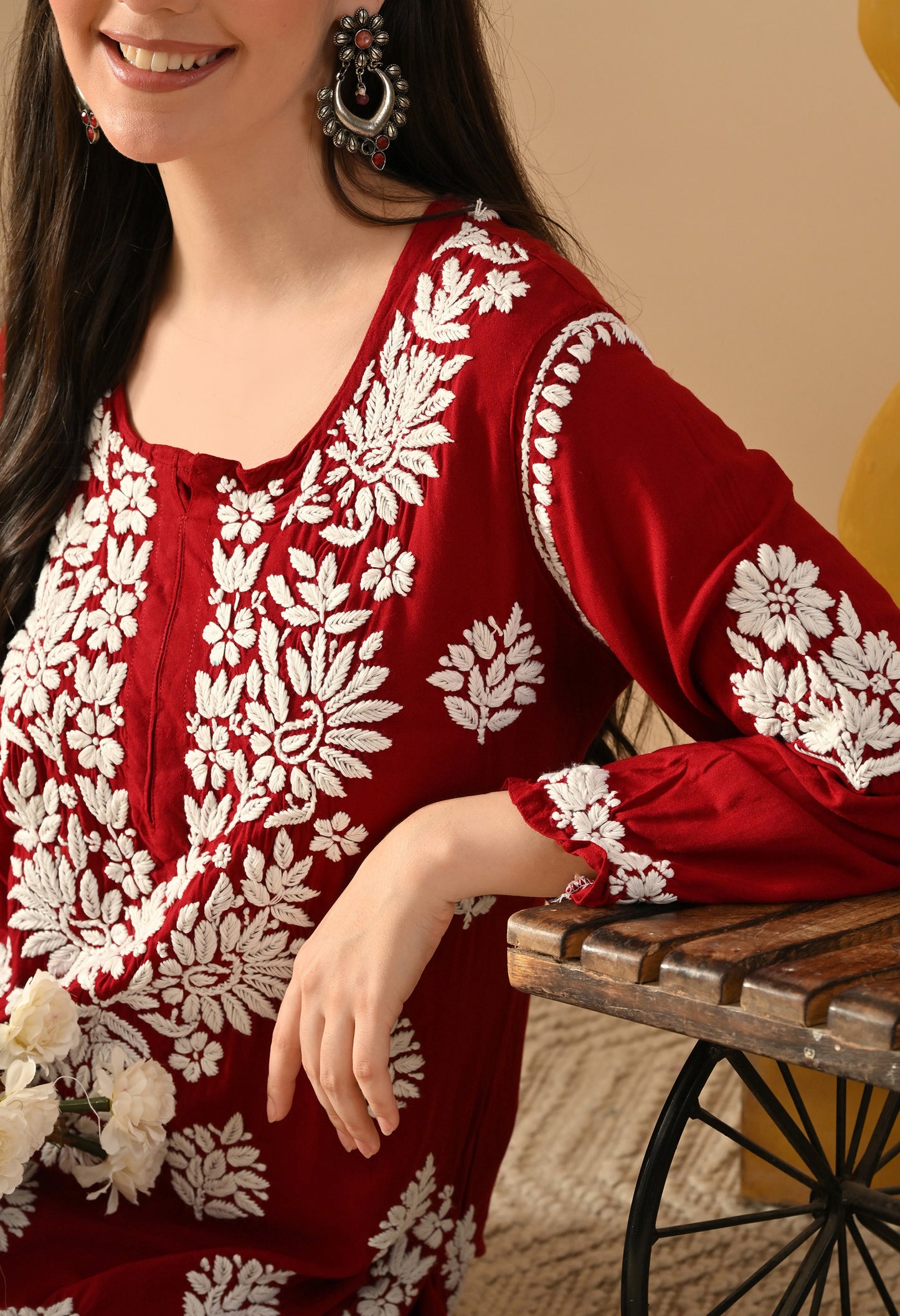 Hand Embroidered Chikankari Rayon Plazo Set 3d Work- Maroon