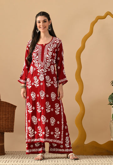 Hand Embroidered Chikankari Slub Rayon Plazo Set 3d Work-Maroon