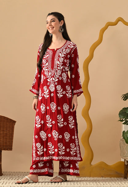 Hand Embroidered Chikankari Slub Rayon Plazo Set 3d Work-Maroon