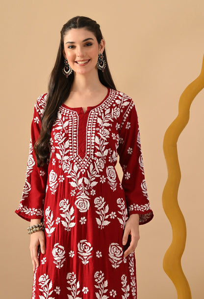 Hand Embroidered Chikankari Slub Rayon Plazo Set 3d Work-Maroon