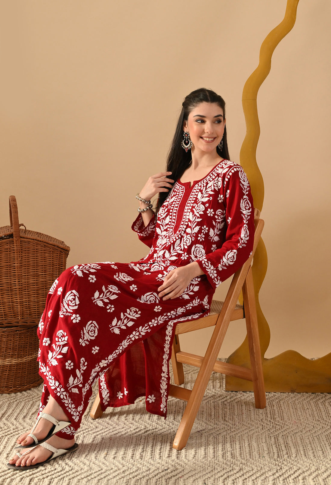 Hand Embroidered Chikankari Slub Rayon Plazo Set 3d Work-Maroon