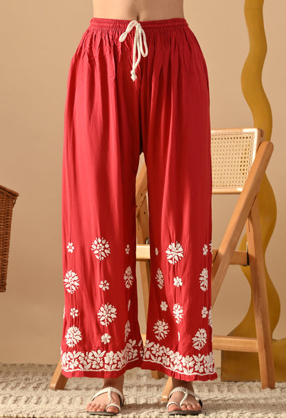 Hand Embroidered Chikankari Plazo Set 3d Work- Cherry Red