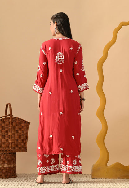 Hand Embroidered Chikankari Plazo Set 3d Work- Cherry Red