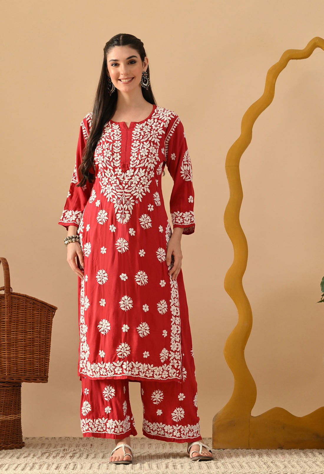 Hand Embroidered Chikankari Plazo Set 3d Work- Cherry Red