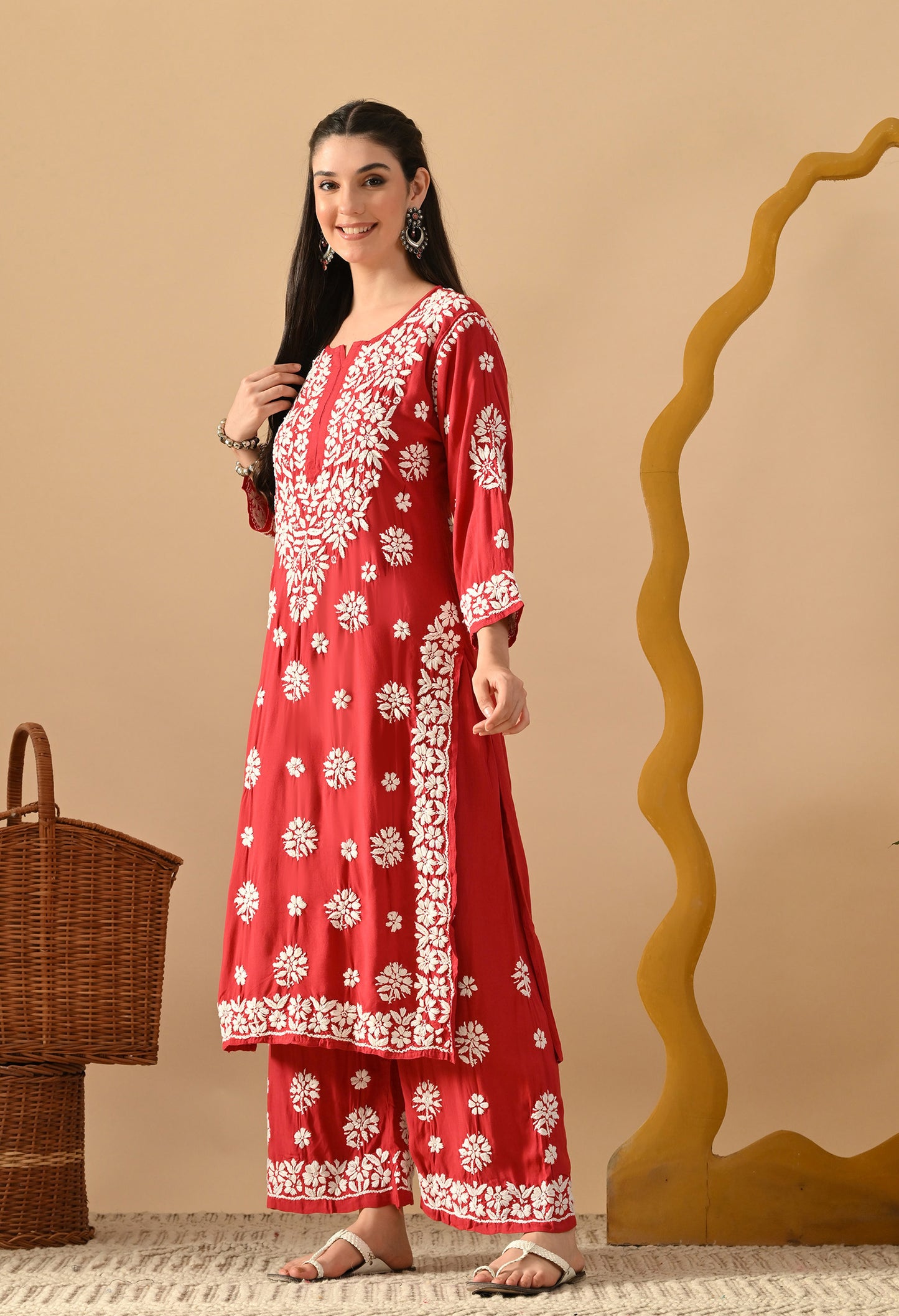 Hand Embroidered Chikankari Plazo Set 3d Work- Cherry Red