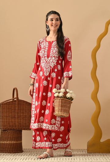 Hand Embroidered Chikankari Plazo Set 3d Work- Cherry Red