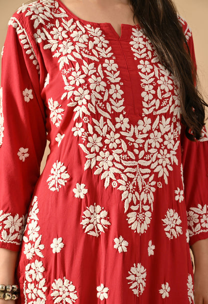 Hand Embroidered Chikankari Plazo Set 3d Work- Cherry Red