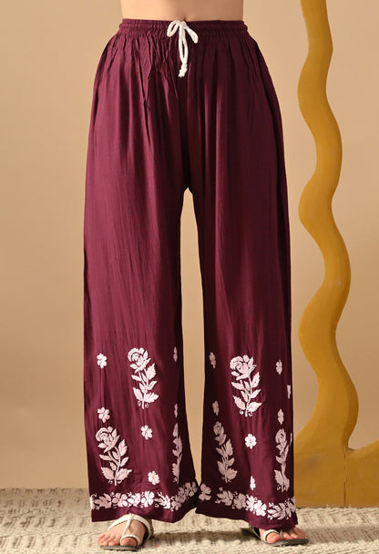 Hand Embroidered Chikankari Slub Rayon Plazo Set 3d Work-Wine