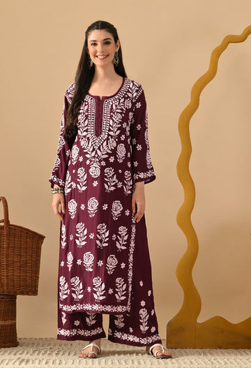 Hand Embroidered Chikankari Slub Rayon Plazo Set 3d Work-Wine