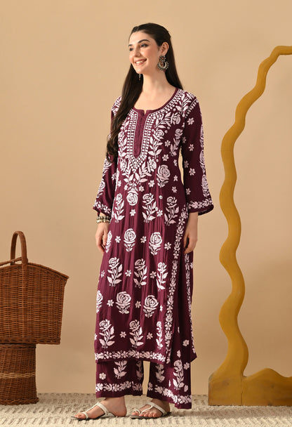 Hand Embroidered Chikankari Slub Rayon Plazo Set 3d Work-Wine