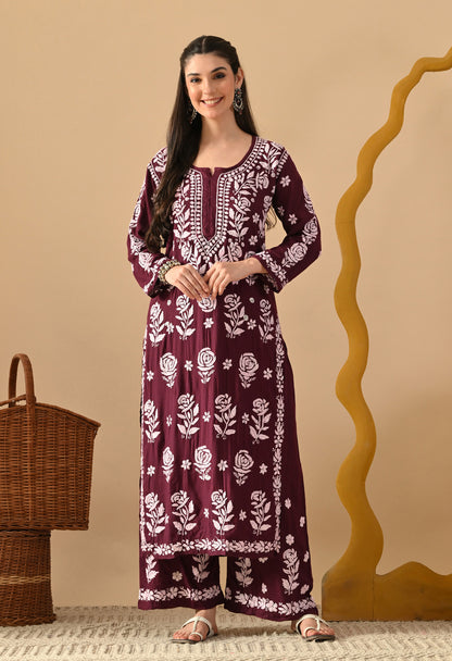 Hand Embroidered Chikankari Slub Rayon Plazo Set 3d Work-Wine