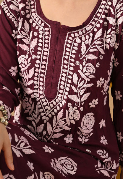 Hand Embroidered Chikankari Slub Rayon Plazo Set 3d Work-Wine