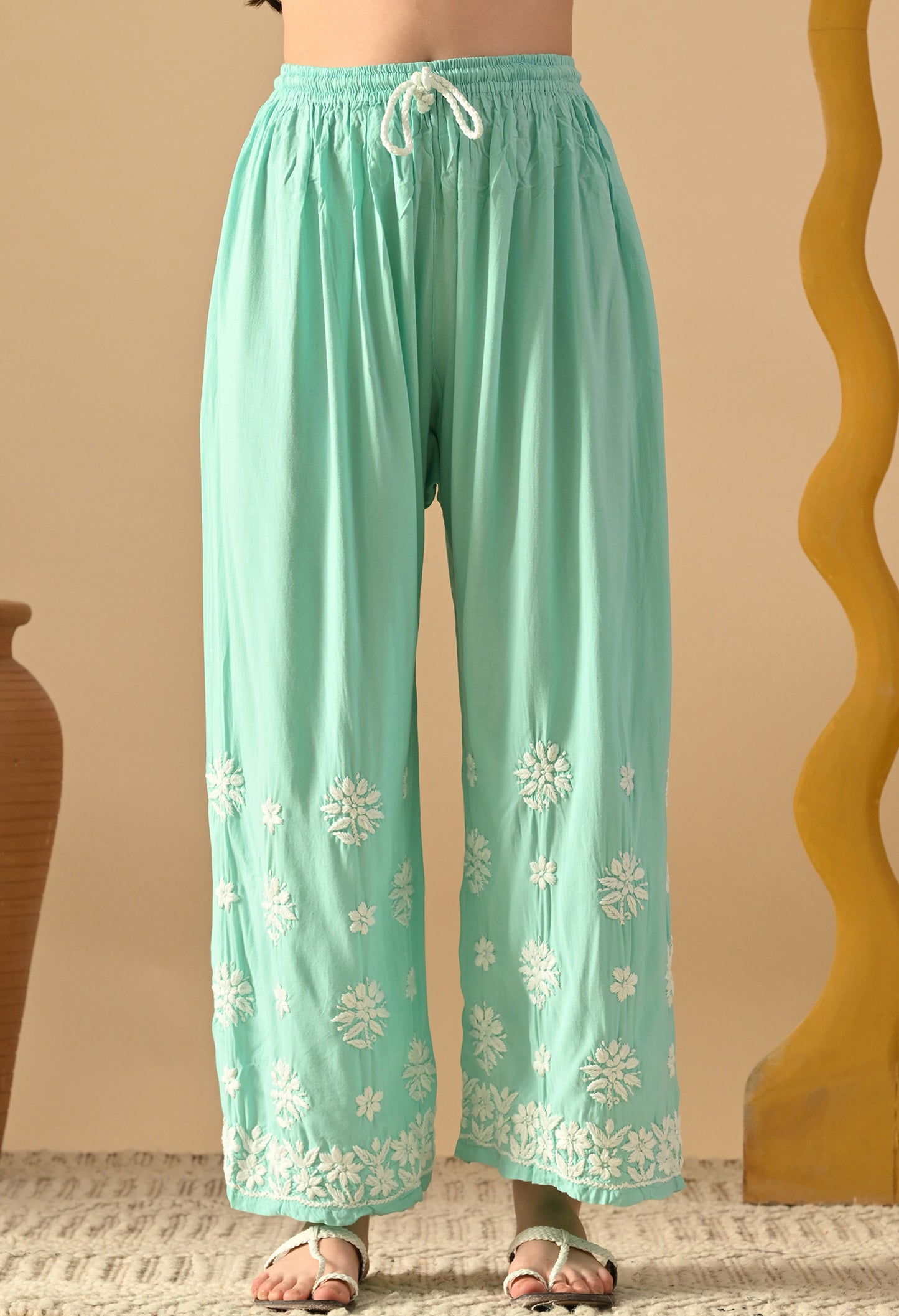Hand Embroidered Chikankari Rayon Plazo Set 3d Work- Bottle Green