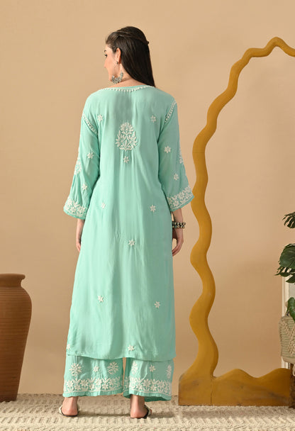 Hand Embroidered Chikankari Rayon Plazo Set 3d Work- Bottle Green