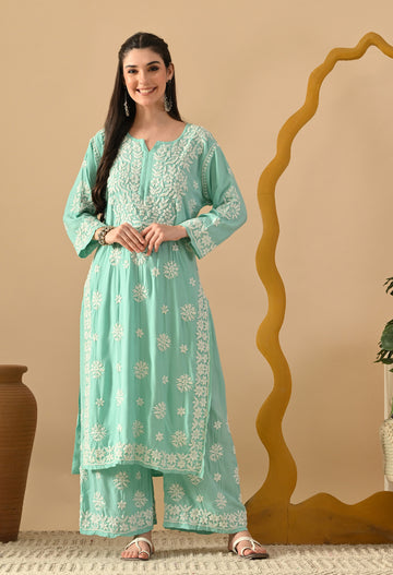 Hand Embroidered Chikankari Rayon Plazo Set 3d Work- Bottle Green