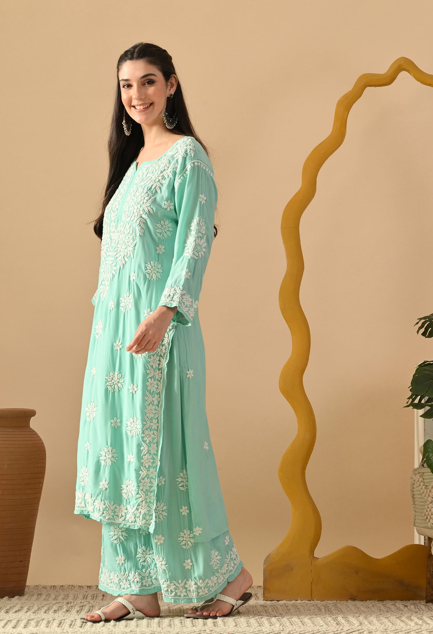 Hand Embroidered Chikankari Rayon Plazo Set 3d Work- Bottle Green