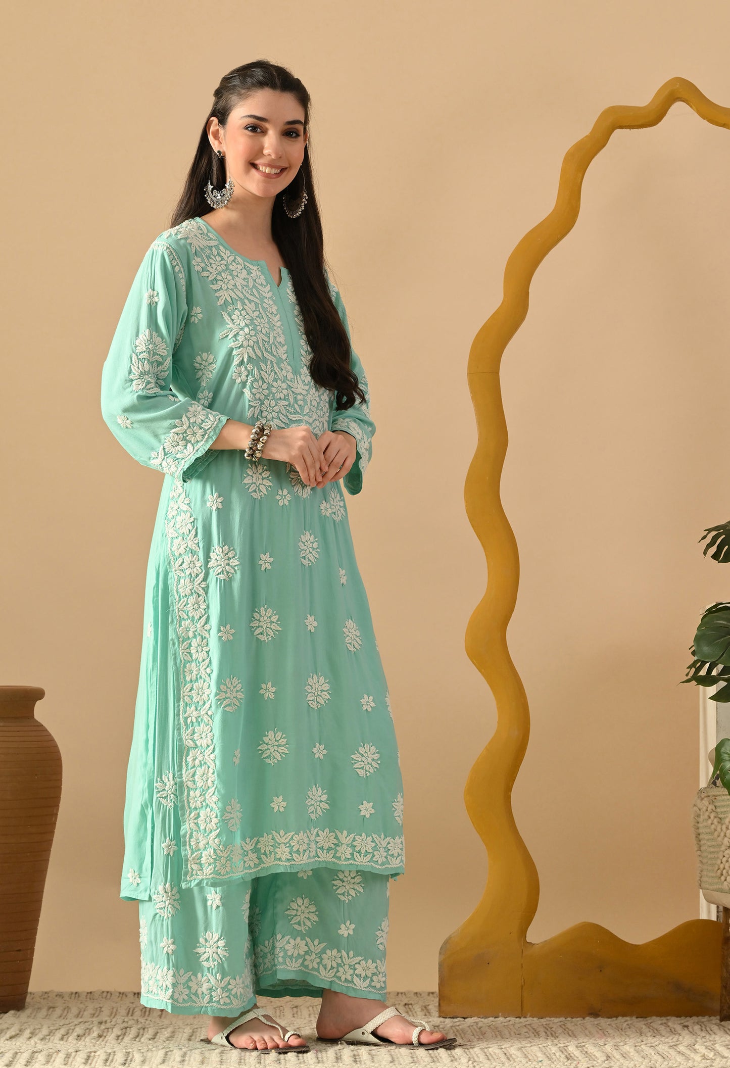 Hand Embroidered Chikankari Rayon Plazo Set 3d Work- Bottle Green