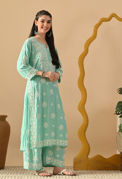 Hand Embroidered Chikankari Rayon Plazo Set 3d Work- Bottle Green