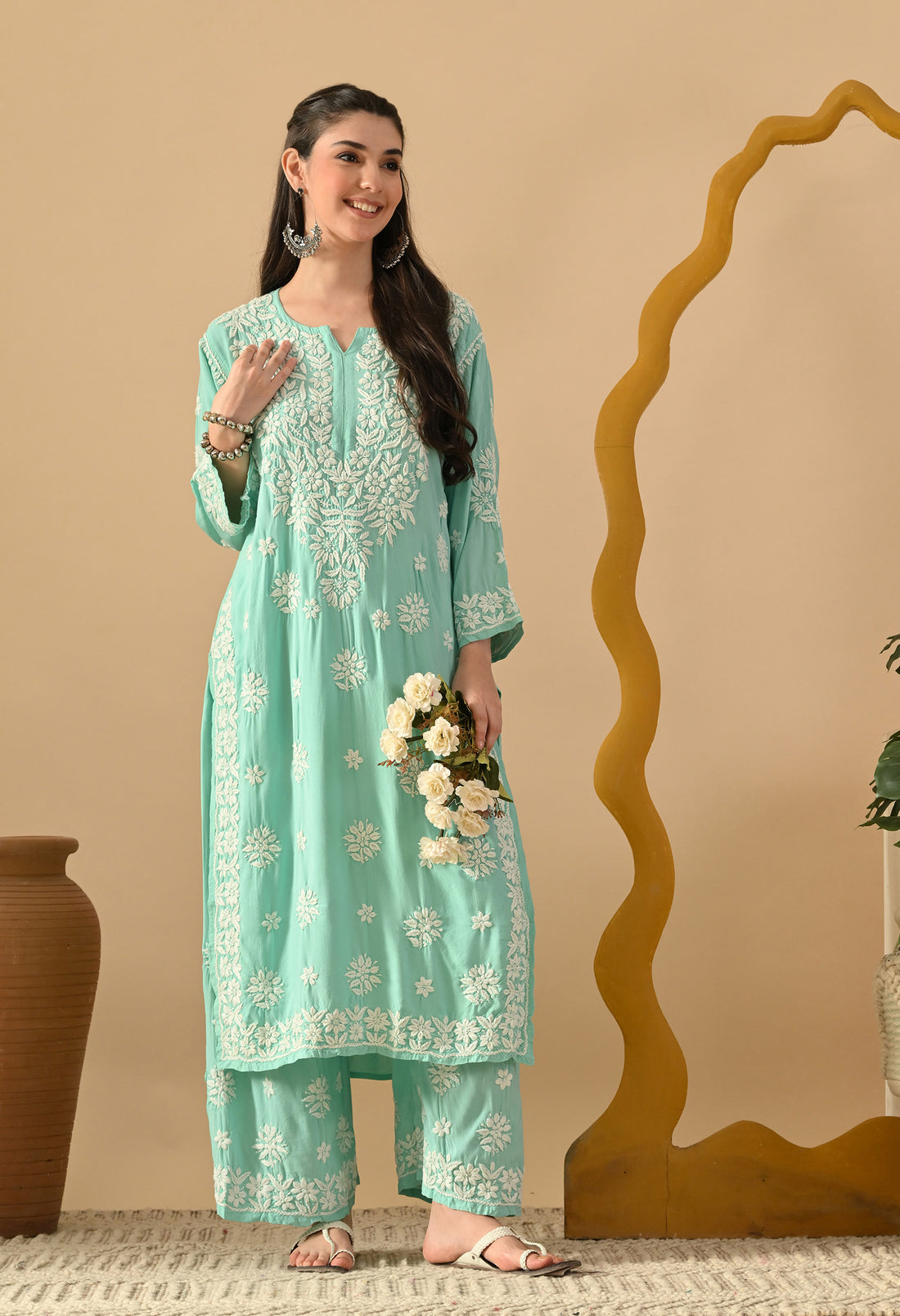 Hand Embroidered Chikankari Rayon Plazo Set 3d Work- Bottle Green