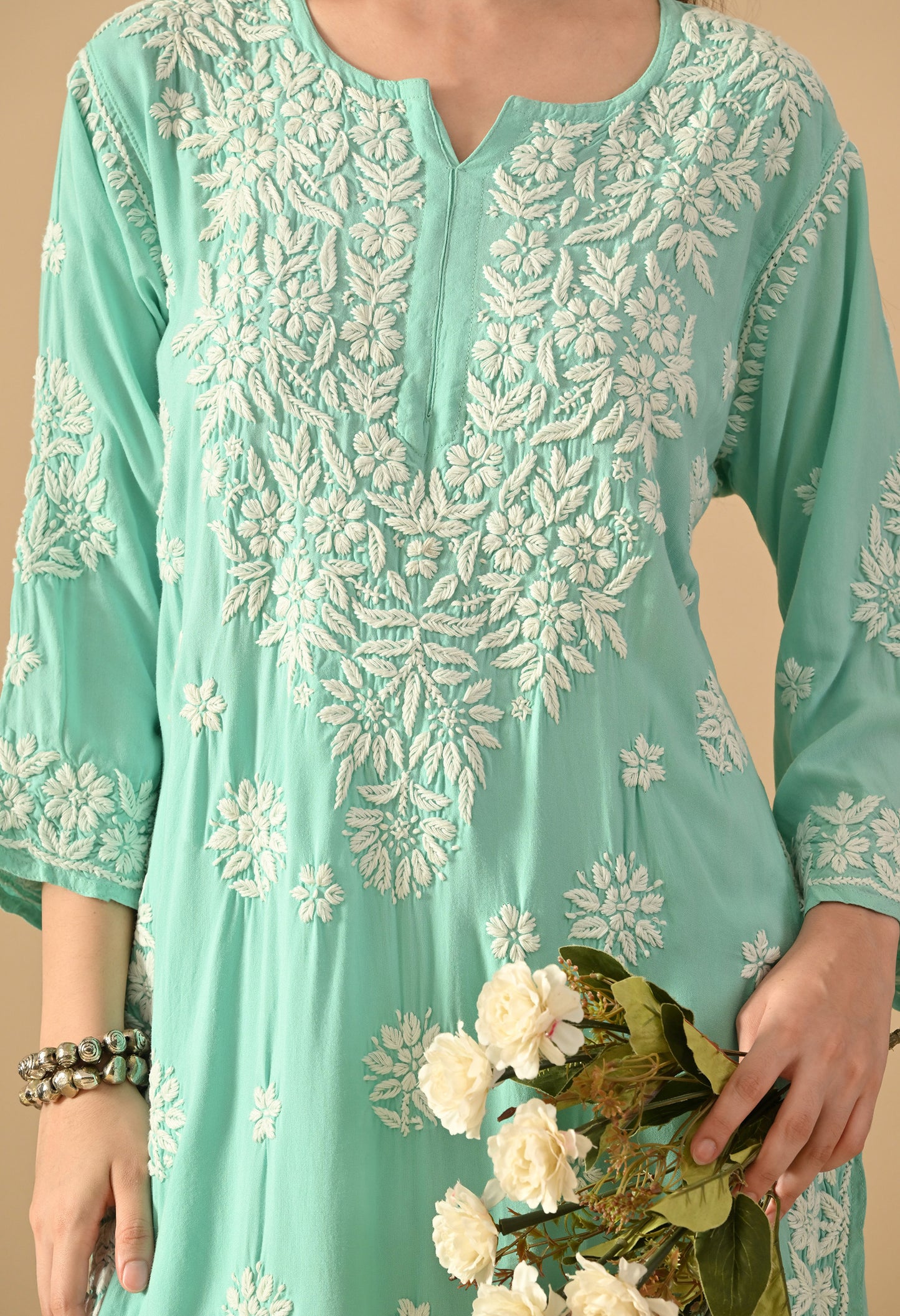 Hand Embroidered Chikankari Rayon Plazo Set 3d Work- Bottle Green