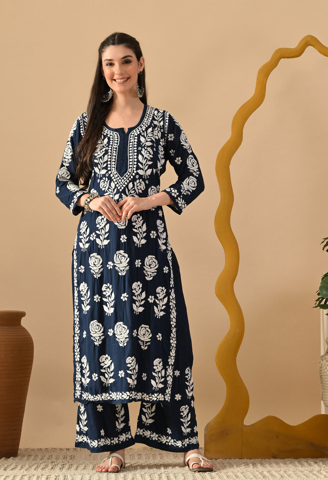 Hand Embroidered Chikankari Slub Rayon Plazo Set 3d Work-Teal Blue