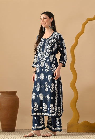 Hand Embroidered Chikankari Slub Rayon Plazo Set 3d Work-Teal Blue