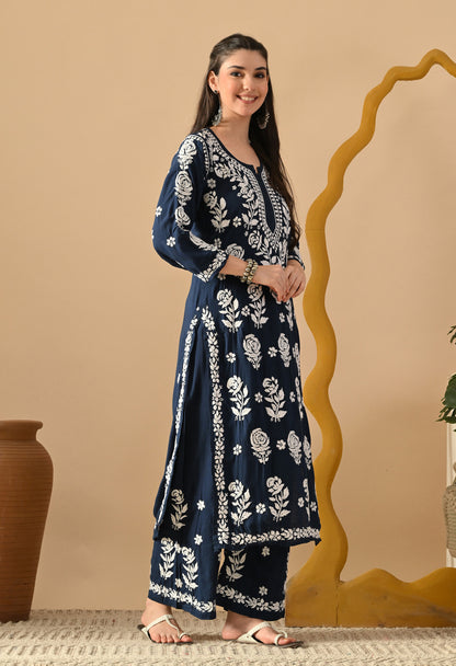 Hand Embroidered Chikankari Slub Rayon Plazo Set 3d Work-Teal Blue