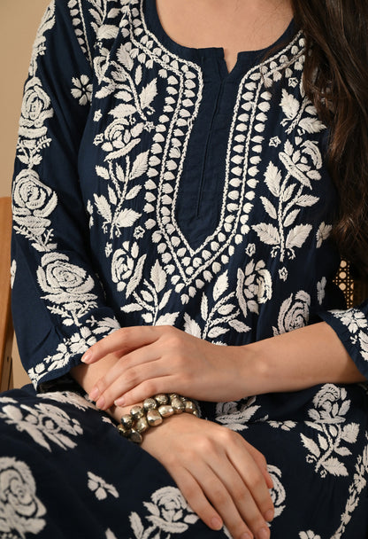 Hand Embroidered Chikankari Slub Rayon Plazo Set 3d Work-Teal Blue