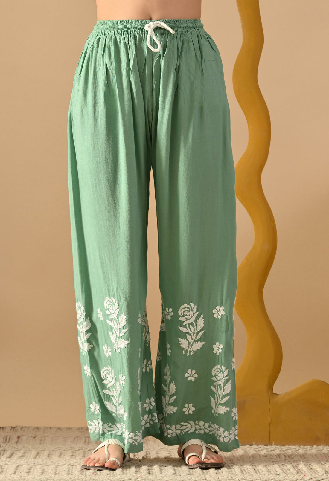 Hand Embroidered Chikankari Slub Rayon Plazo Set 3d Work-Pista Green