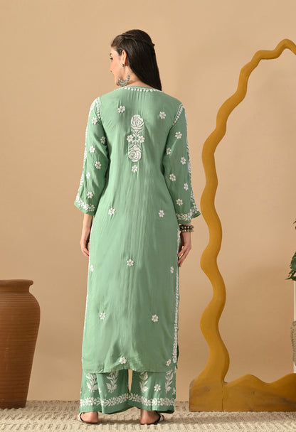 Hand Embroidered Chikankari Slub Rayon Plazo Set 3d Work-Pista Green