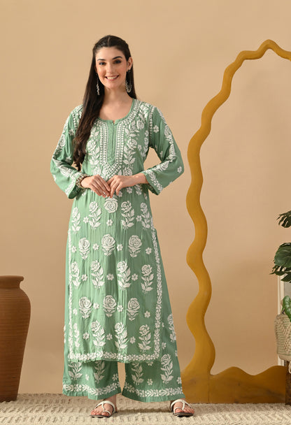 Hand Embroidered Chikankari Slub Rayon Plazo Set 3d Work-Pista Green