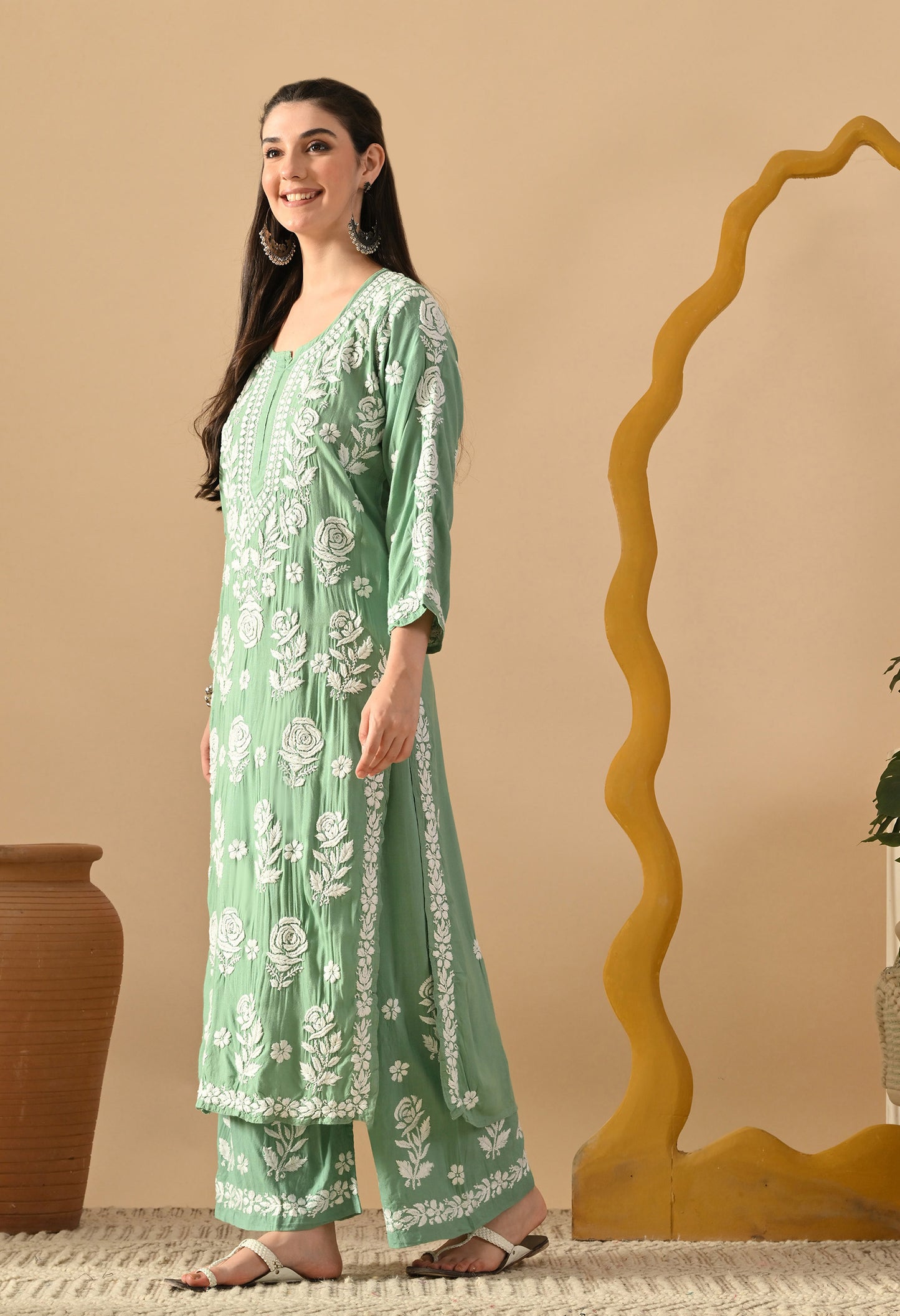 Hand Embroidered Chikankari Slub Rayon Plazo Set 3d Work-Pista Green