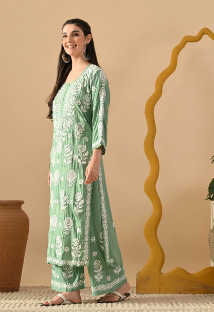 Hand Embroidered Chikankari Slub Rayon Plazo Set 3d Work-Pista Green
