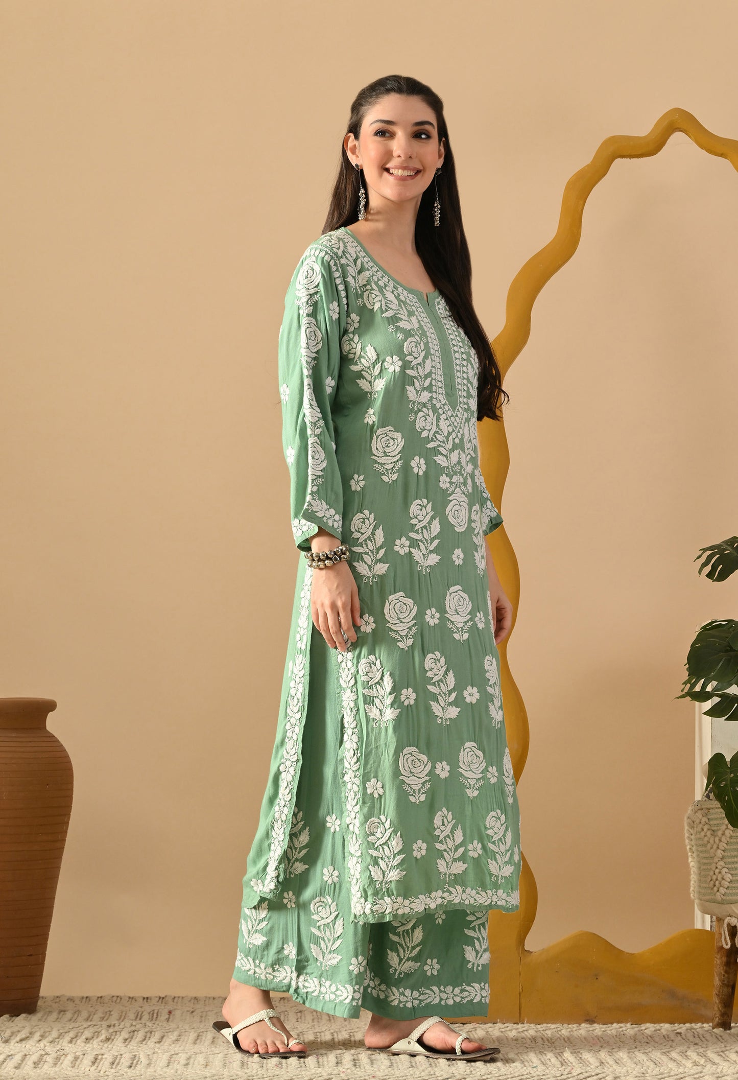 Hand Embroidered Chikankari Slub Rayon Plazo Set 3d Work-Pista Green