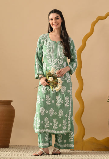 Hand Embroidered Chikankari Slub Rayon Plazo Set 3d Work-Pista Green