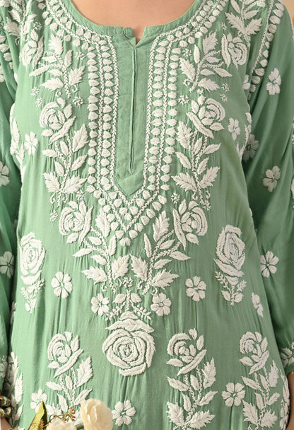 Hand Embroidered Chikankari Slub Rayon Plazo Set 3d Work-Pista Green