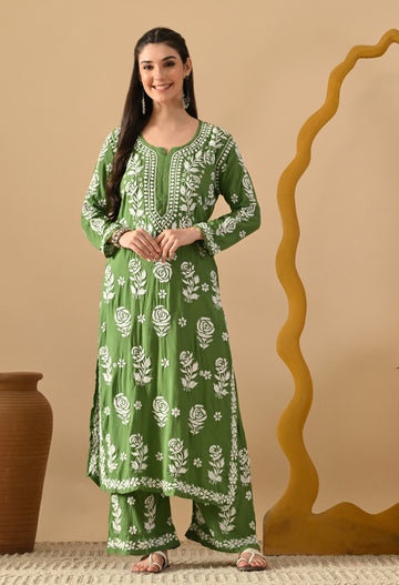 Hand Embroidered Chikankari Slub Rayon Plazo Set 3d Work-Mehdi Green