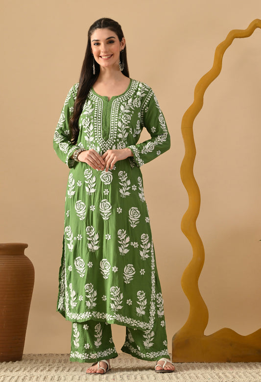 Hand Embroidered Chikankari Slub Rayon Plazo Set 3d Work-Mehdi Green