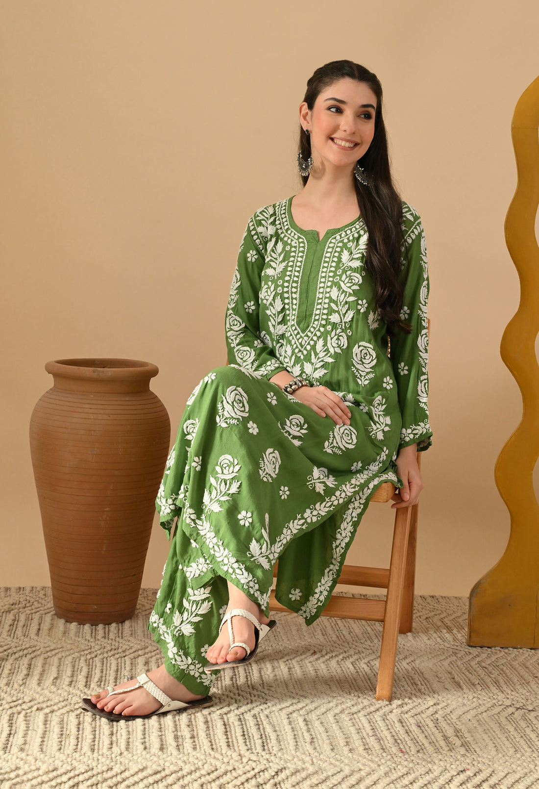 Hand Embroidered Chikankari Slub Rayon Plazo Set 3d Work-Mehdi Green