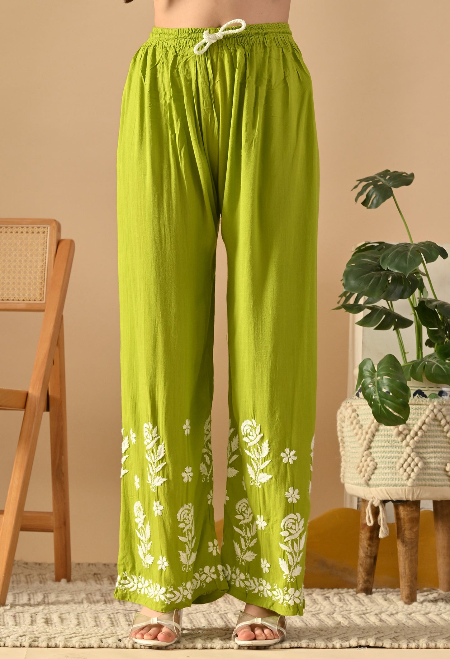 Hand Embroidered Chikankari Slub Rayon Plazo Set 3d Work-Sea Green