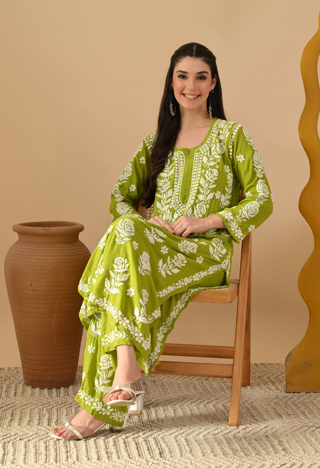 Hand Embroidered Chikankari Slub Rayon Plazo Set 3d Work-Sea Green