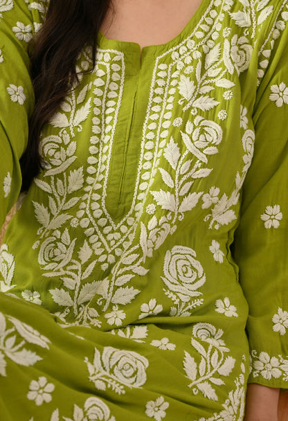 Hand Embroidered Chikankari Slub Rayon Plazo Set 3d Work-Sea Green
